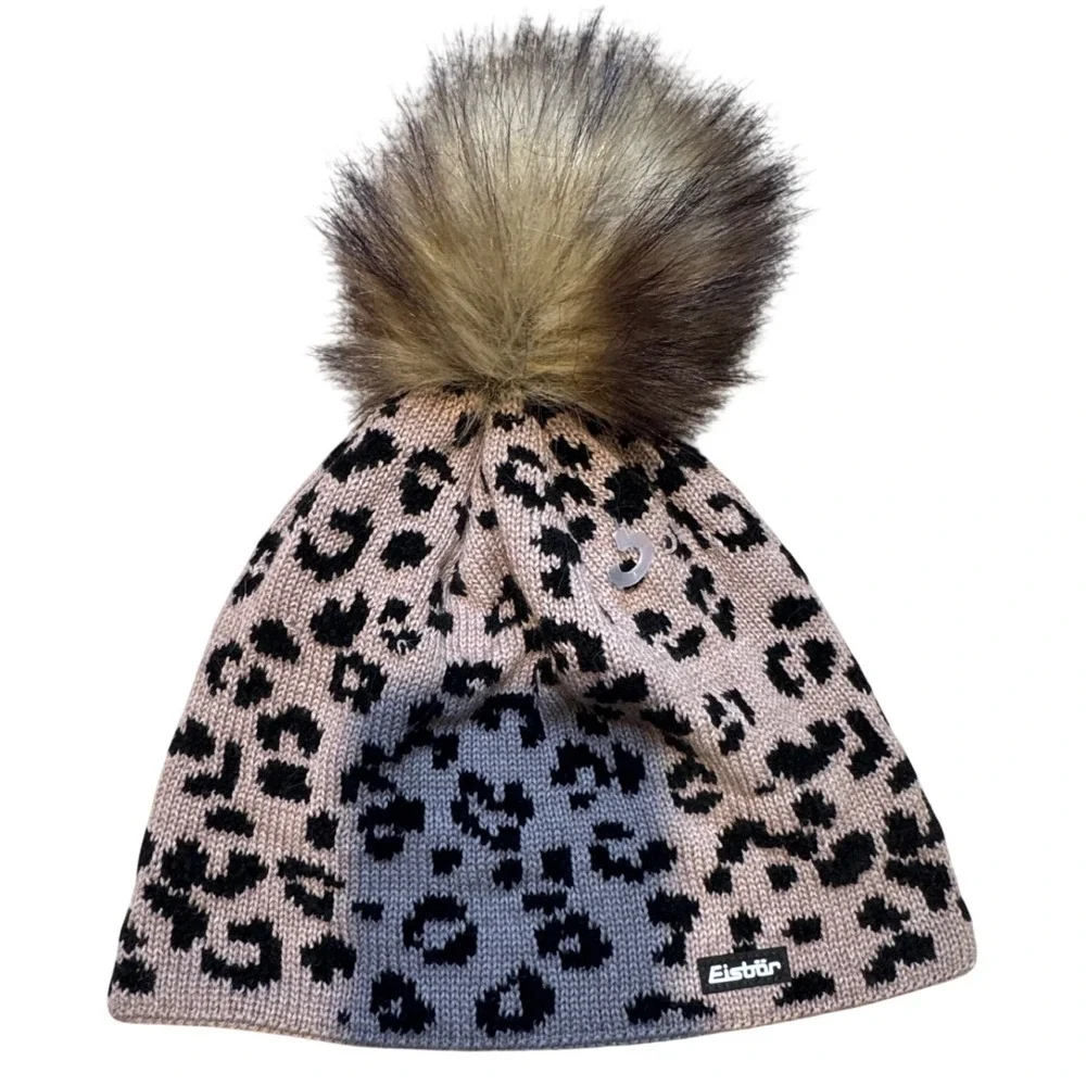 Eisbar Leopard Print Merino‎ Wool Blend Beanie Faux Fur Pom Pom Winter Hat Taupe